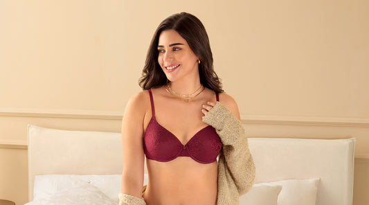 model wearing a red bra - generally worn for a honeymoon