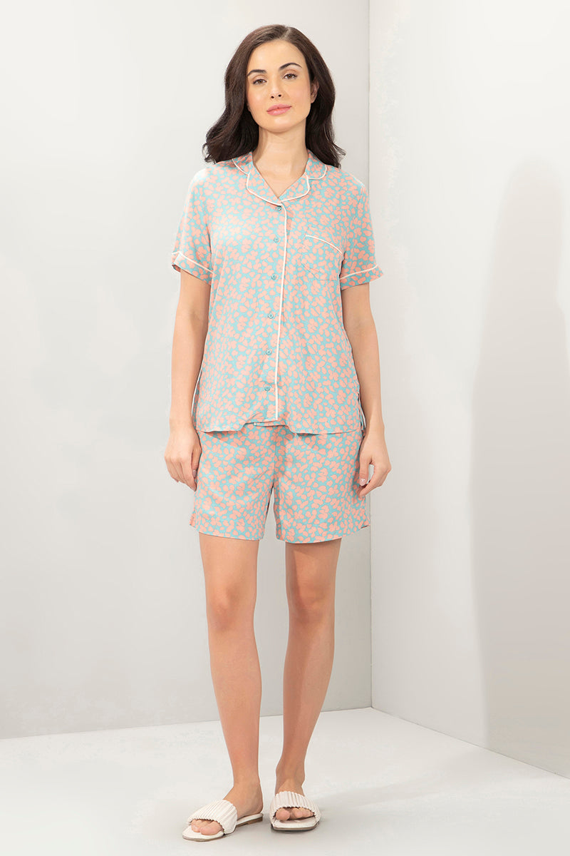 Sleep Set- PJ Top & Short S / Peach Leaf Print - amanté Sleepwear - Image 1 of 3