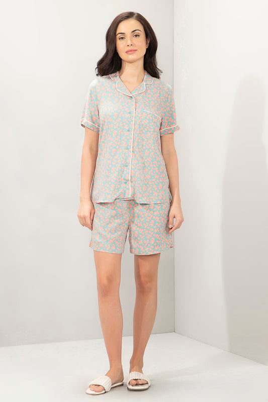 Sleep Set- PJ Top & Short S / Peach Leaf Print - amanté Sleepwear