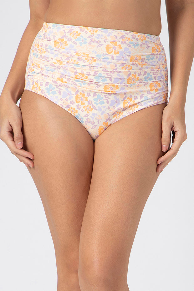 High Waist Ruched Bikini Bottom S / Pastal Breeze Print - amanté Swim