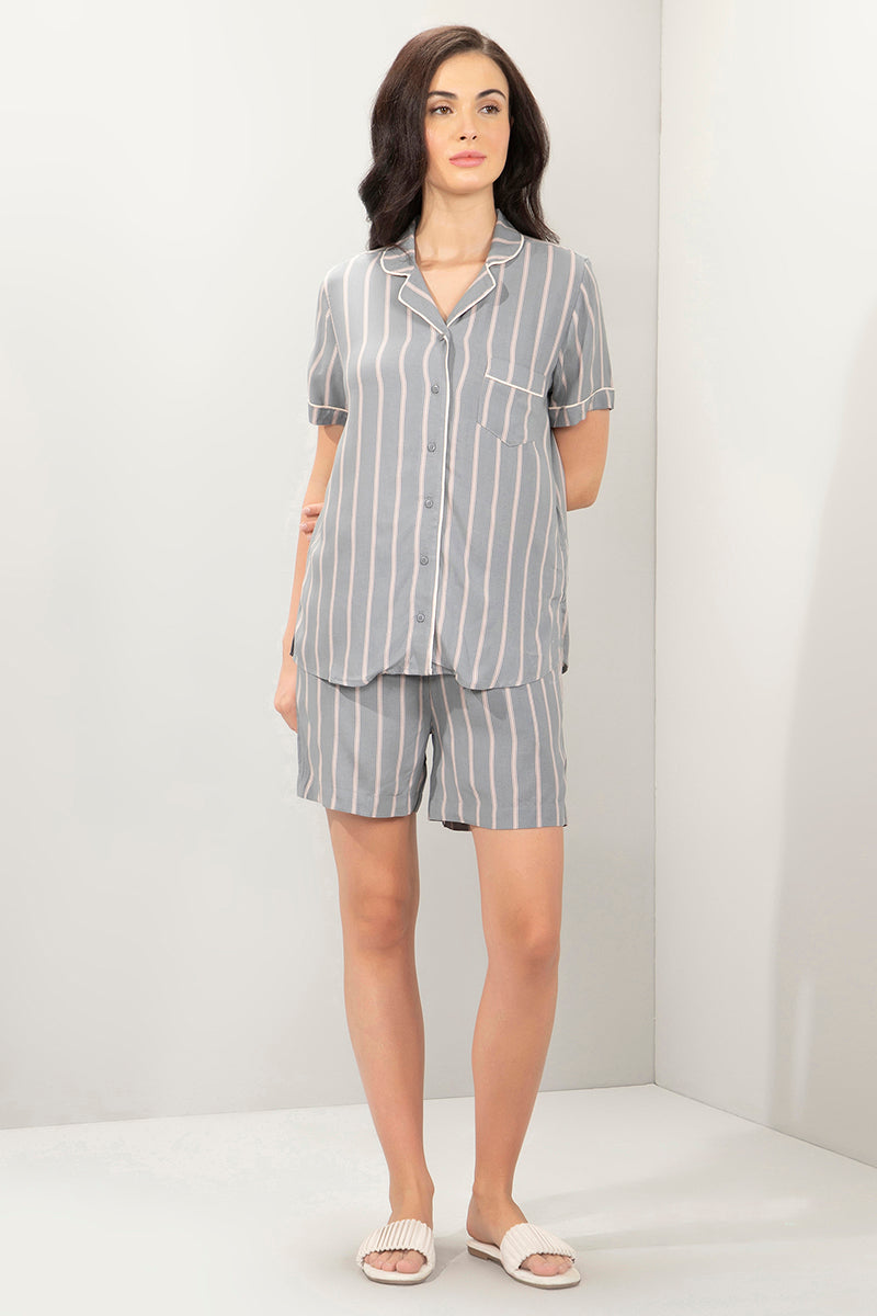 Sleep Set- PJ Top & Short S / Grey Stripe Print - amanté Sleepwear - Image 1 of 3