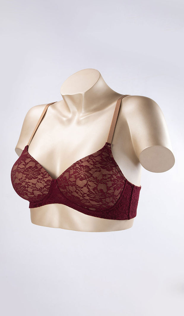 Floral Lace T-Shirt Bra 40C / Maroon-Sandalwood - amanté Bra