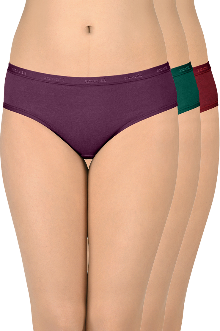 Cotton Hipster Brief Solid Pack of 3 (Combo 9) S / Assorted - amanté Panty