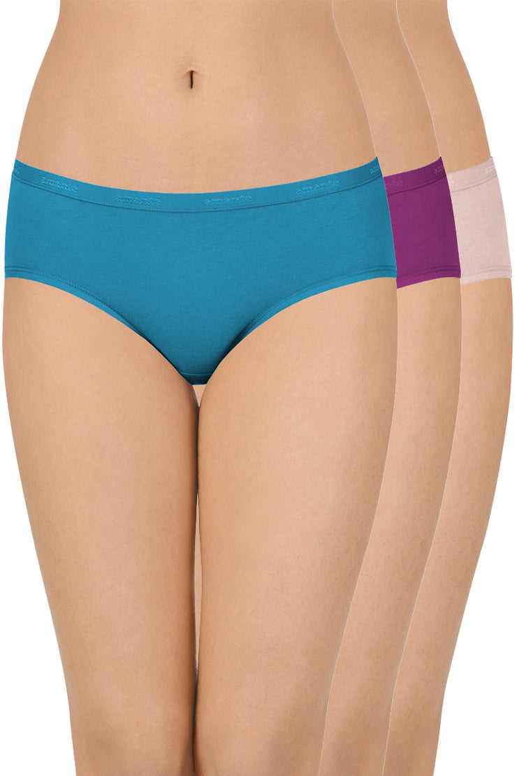 Cotton Hipster Brief Solid Pack of 3 (Combo 11) S / Assorted - amanté Panty