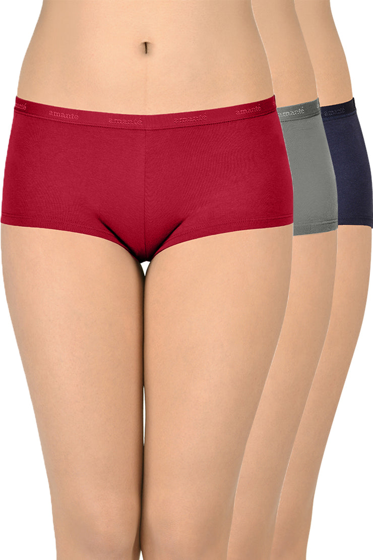Cotton Boyshort Brief Solid Pack of 3 (Combo 11) S / Assorted - amanté Panty