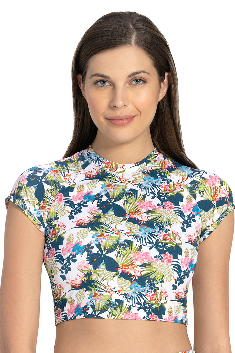 Swim Crop Top With Back Closure S / Tropical Print - amanté Swimwear